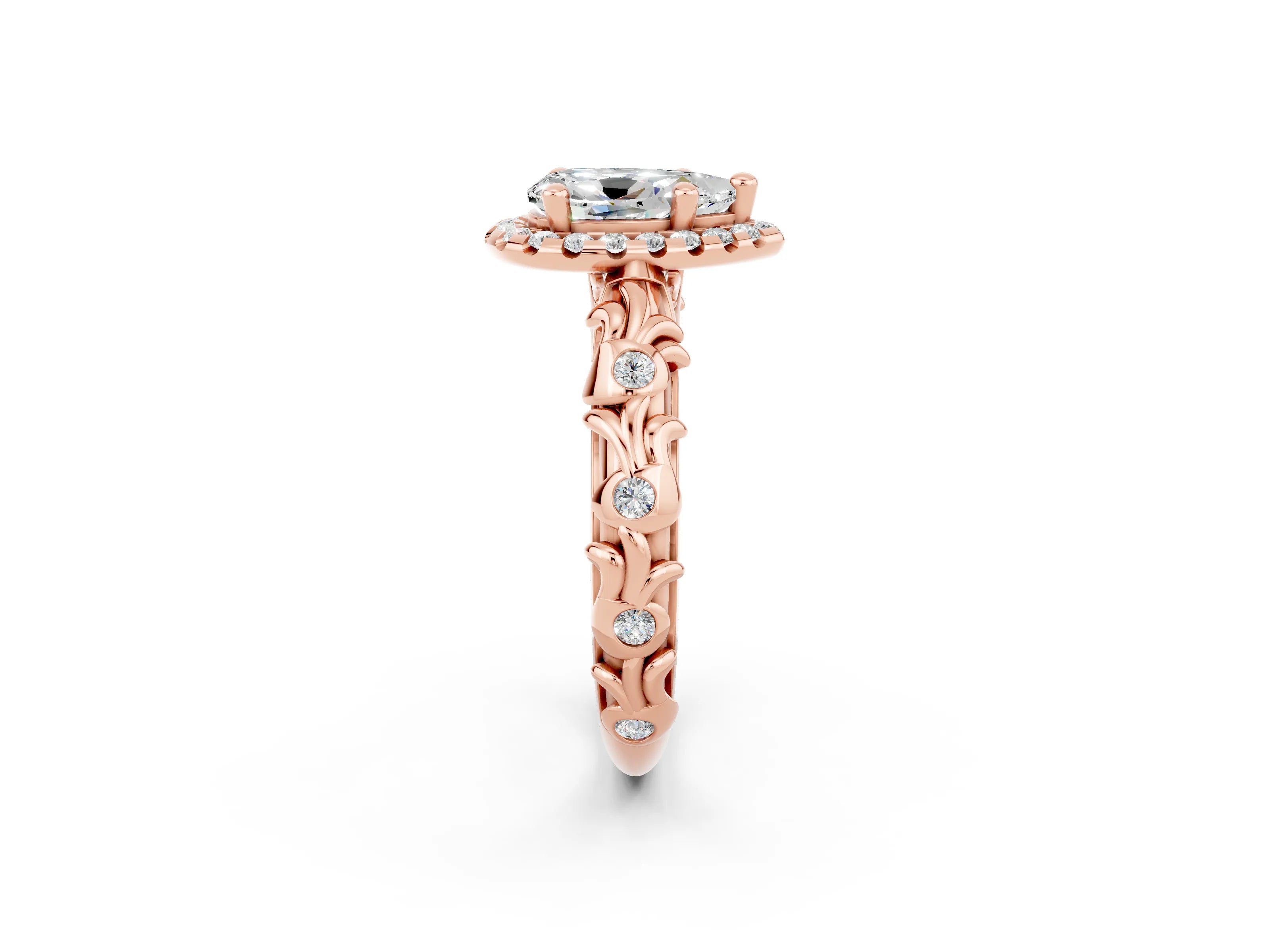 Rose gold Pear Cut Halo Diamond Solitaire with Filigree Band and Four-Prong Setting_2