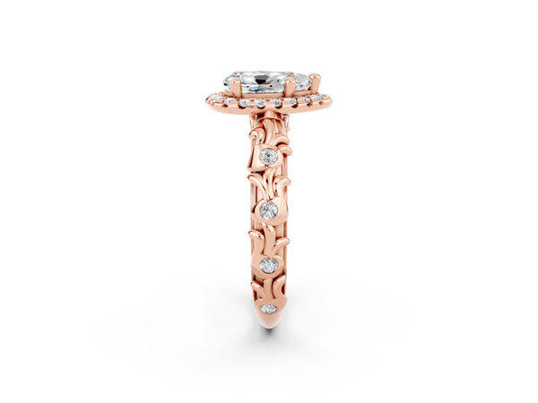 Rose gold Pear Cut Moissanite Halo Ring with Filigree Band and Prong Setting