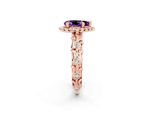 Rose gold Pear Cut Amethyst Halo Ring with Filigree Band and Prong Setting