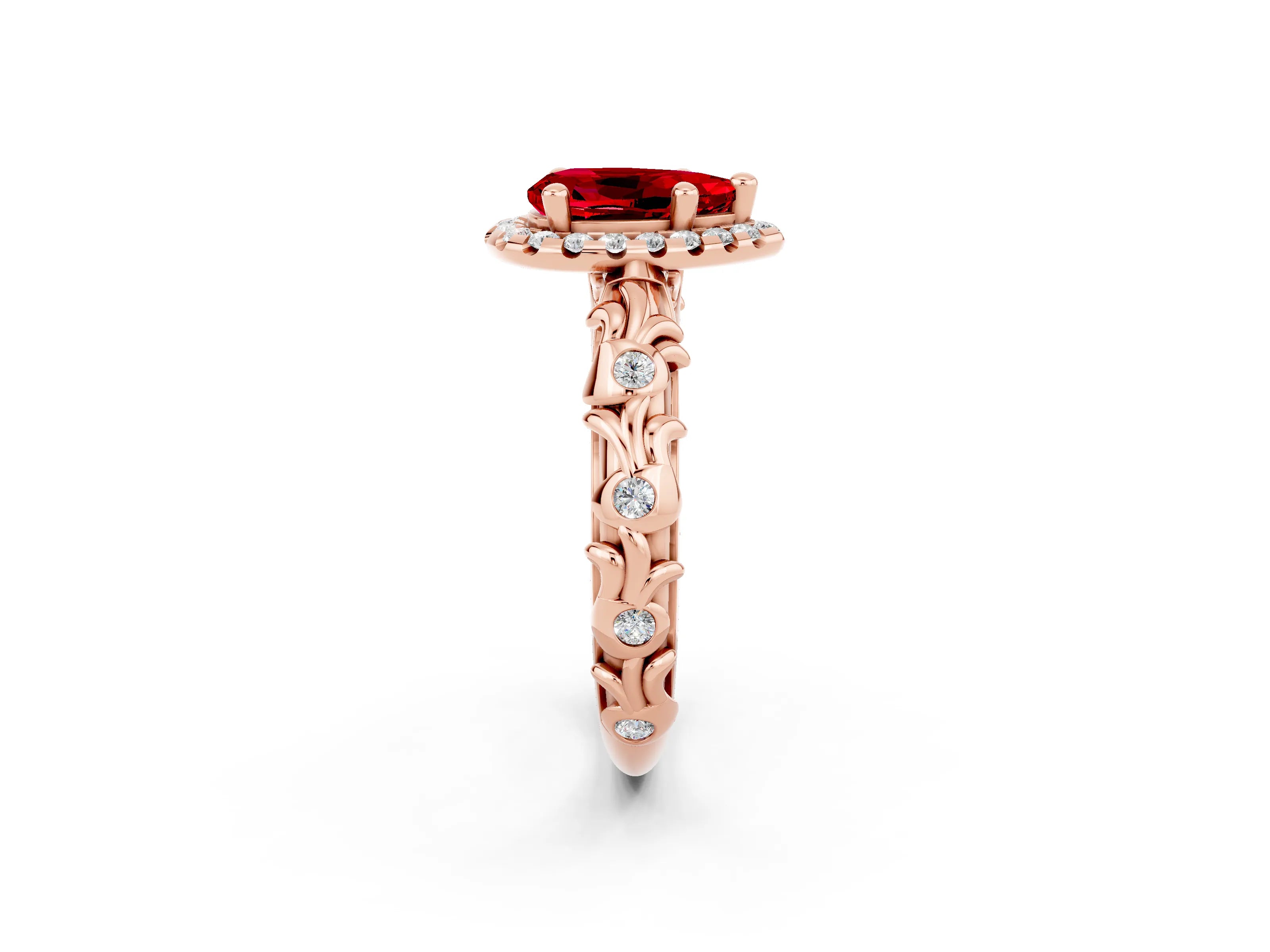 Rose gold Pear Cut Halo Diamond Solitaire with Filigree Band and Four-Prong Setting_2