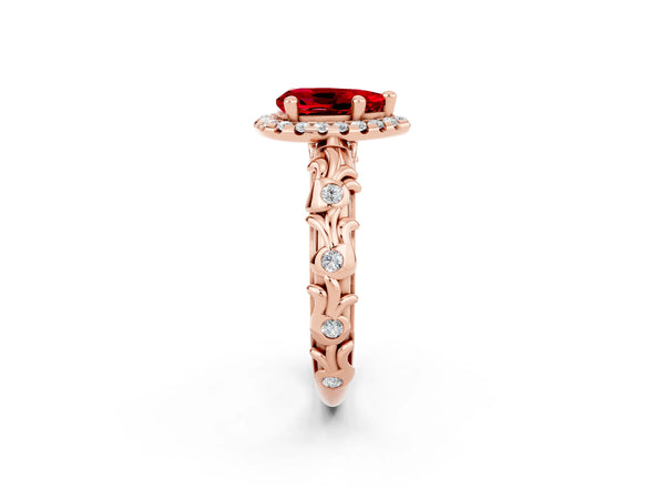 Rose gold Pear Cut Ruby Halo Ring with Filigree Band and Prong Setting