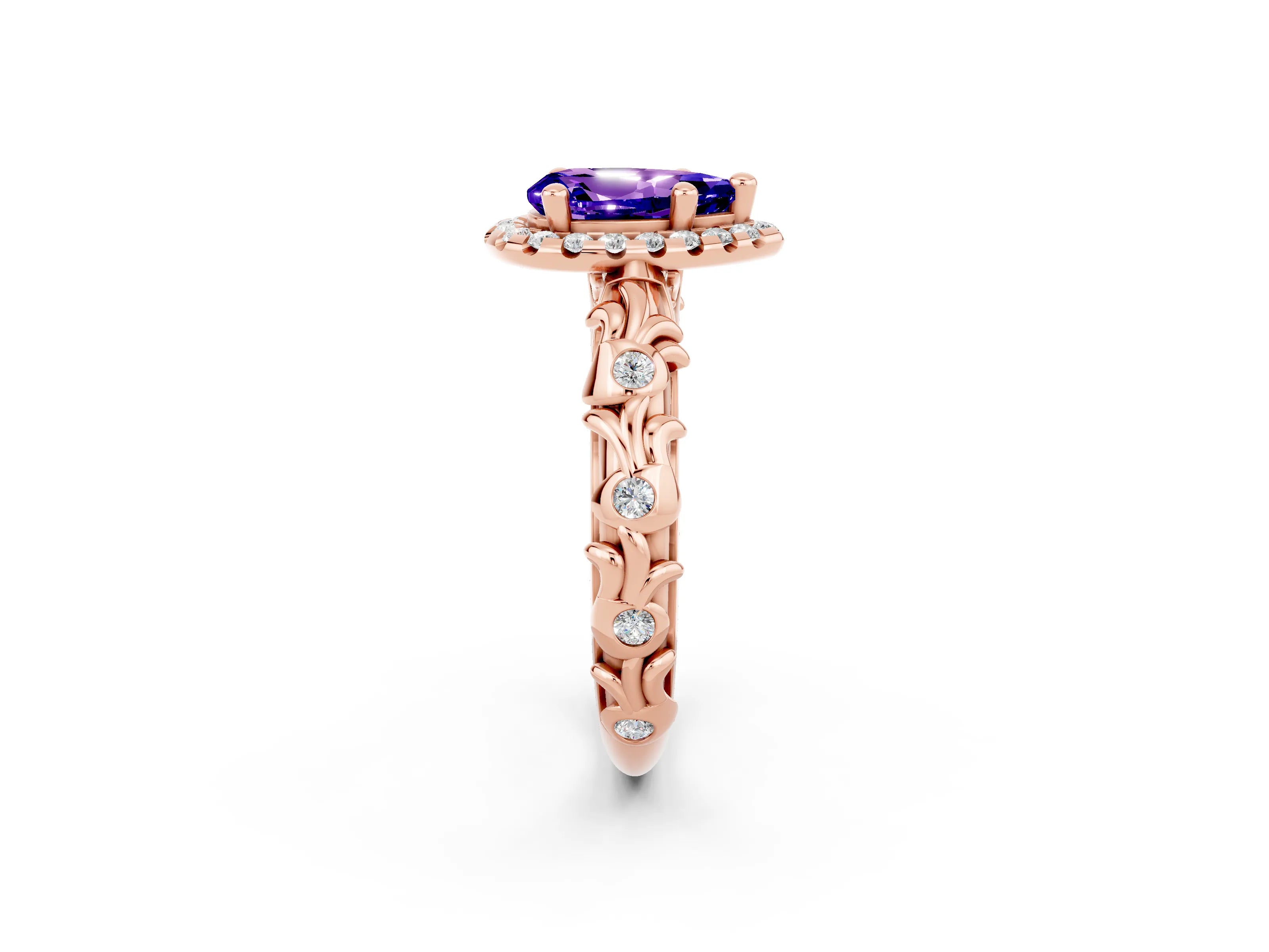 Rose gold Pear Cut Halo Diamond Solitaire with Filigree Band and Four-Prong Setting_2