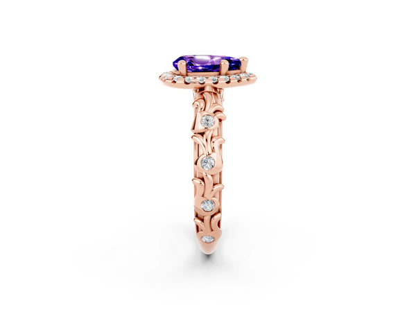 Rose gold Pear Cut Tanzanite Halo Ring with Filigree Band and Prong Setting
