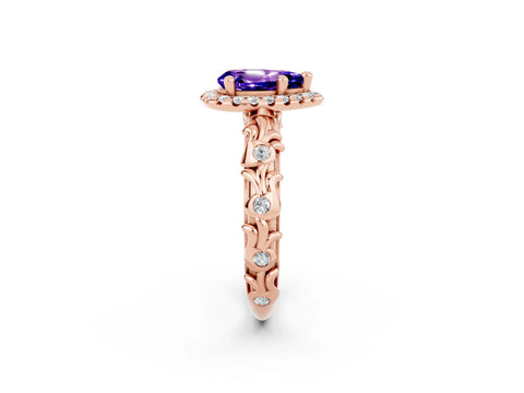 Rose gold Pear Cut Halo Diamond Solitaire with Filigree Band and Four-Prong Setting_2