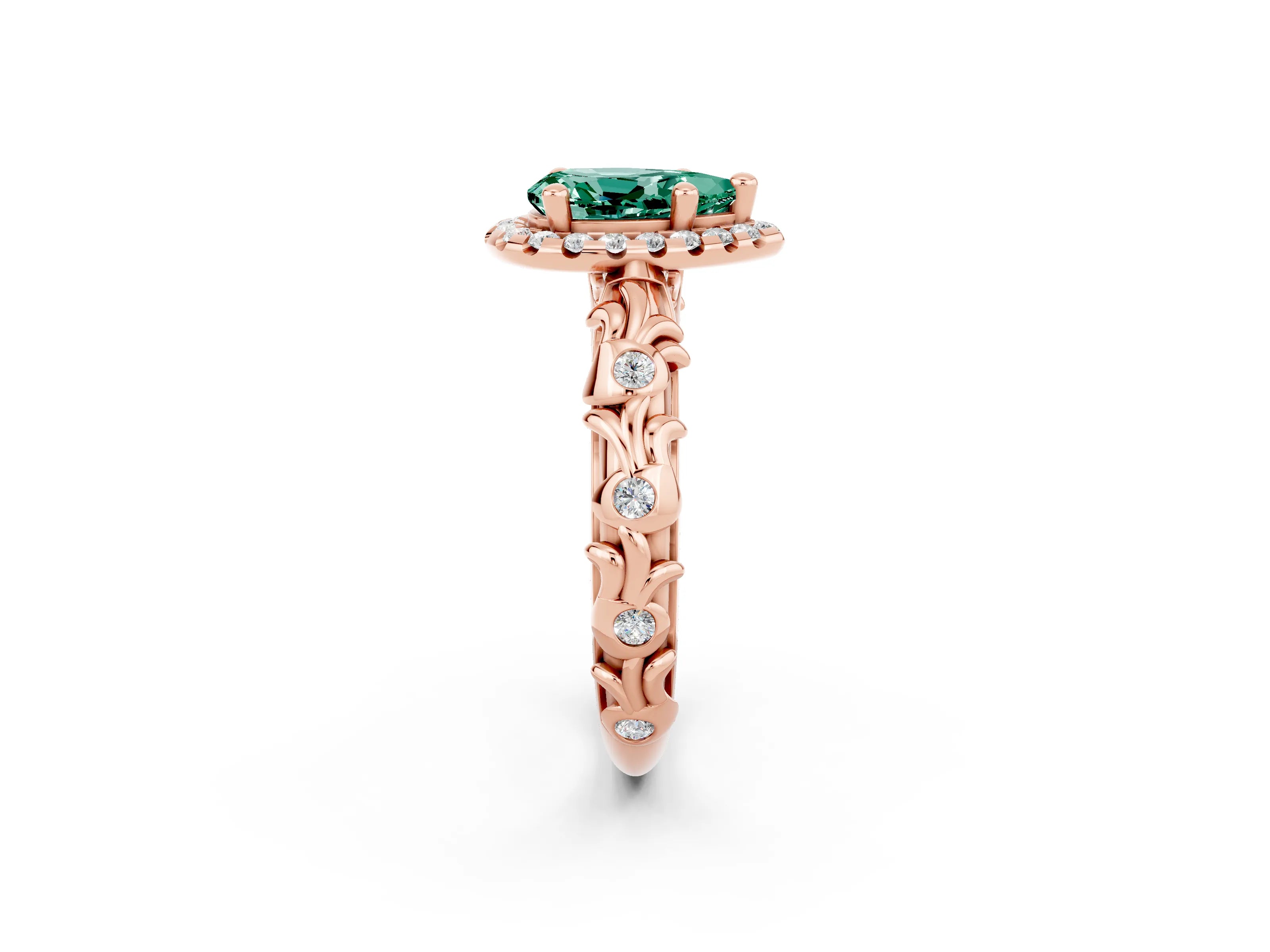Rose gold Pear Cut Halo Diamond Solitaire with Filigree Band and Four-Prong Setting_2