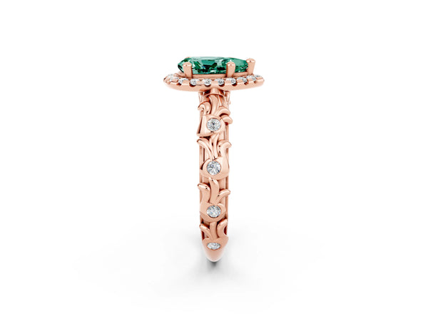 Rose gold Pear Cut Green Sapphire Halo Ring with Filigree Band and Prong Setting