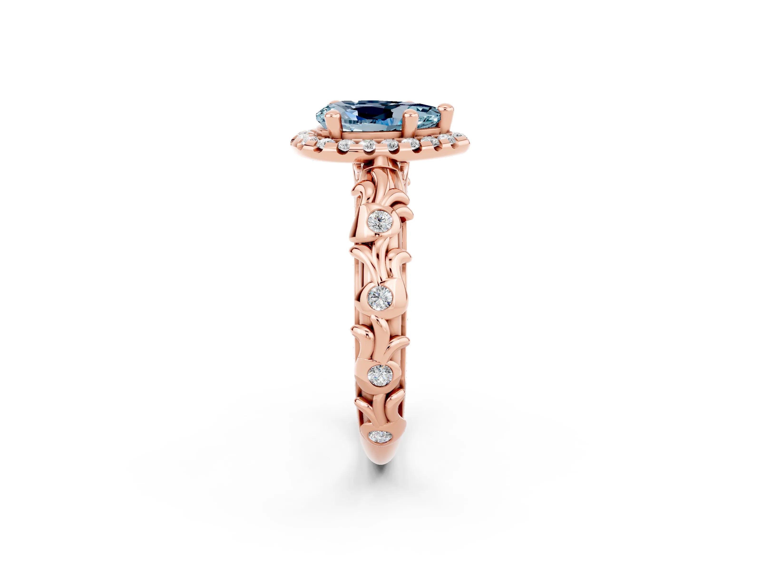 Rose gold Pear Cut Halo Diamond Solitaire with Filigree Band and Four-Prong Setting_2