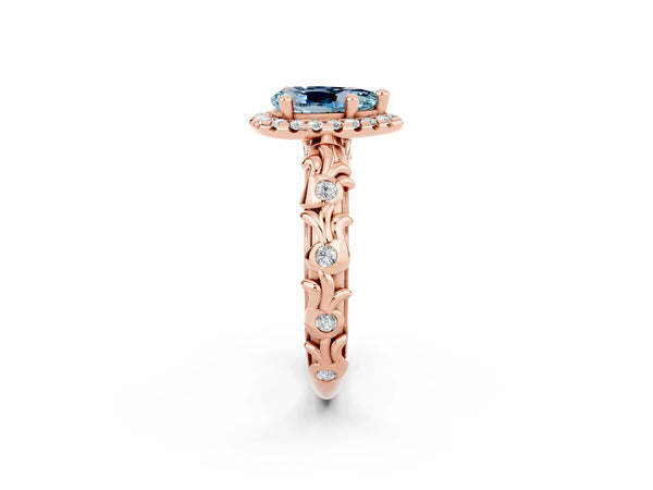 Rose gold Pear Cut Aquamarine Halo Ring with Filigree Band and Prong Setting
