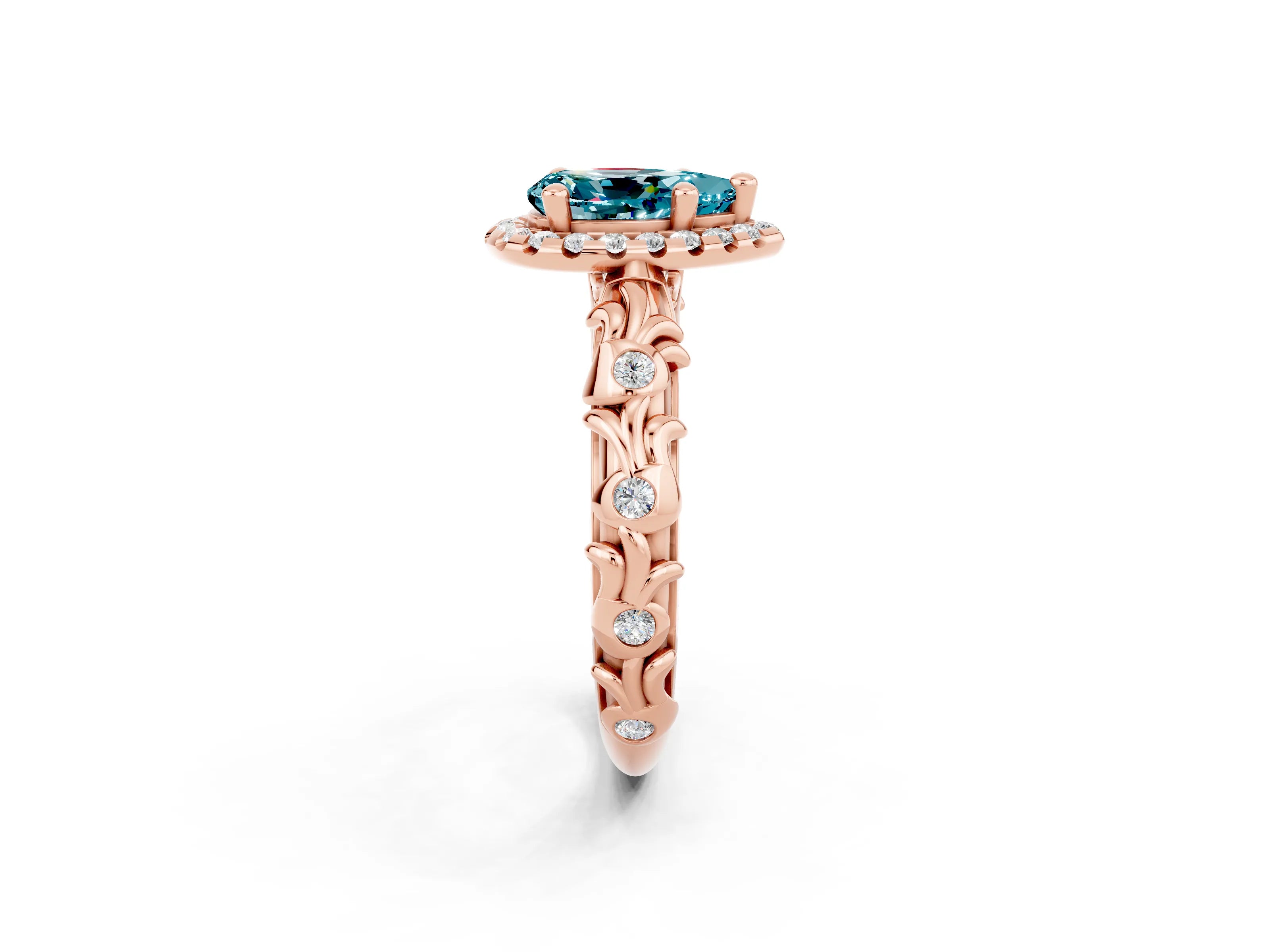 Rose gold Pear Cut Halo Diamond Solitaire with Filigree Band and Four-Prong Setting_2