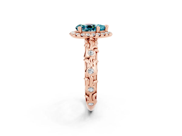 Rose gold Pear Cut Halo Diamond Solitaire with Filigree Band and Four-Prong Setting