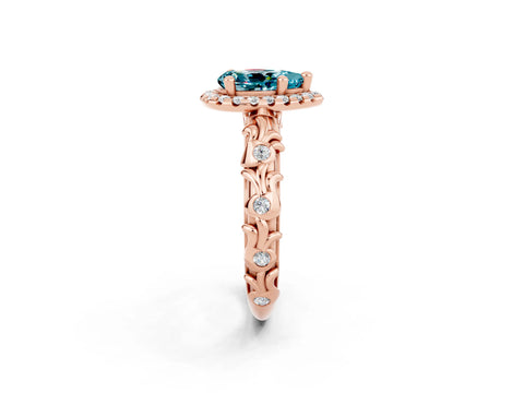 Rose gold Pear Cut Halo Diamond Solitaire with Filigree Band and Four-Prong Setting_2