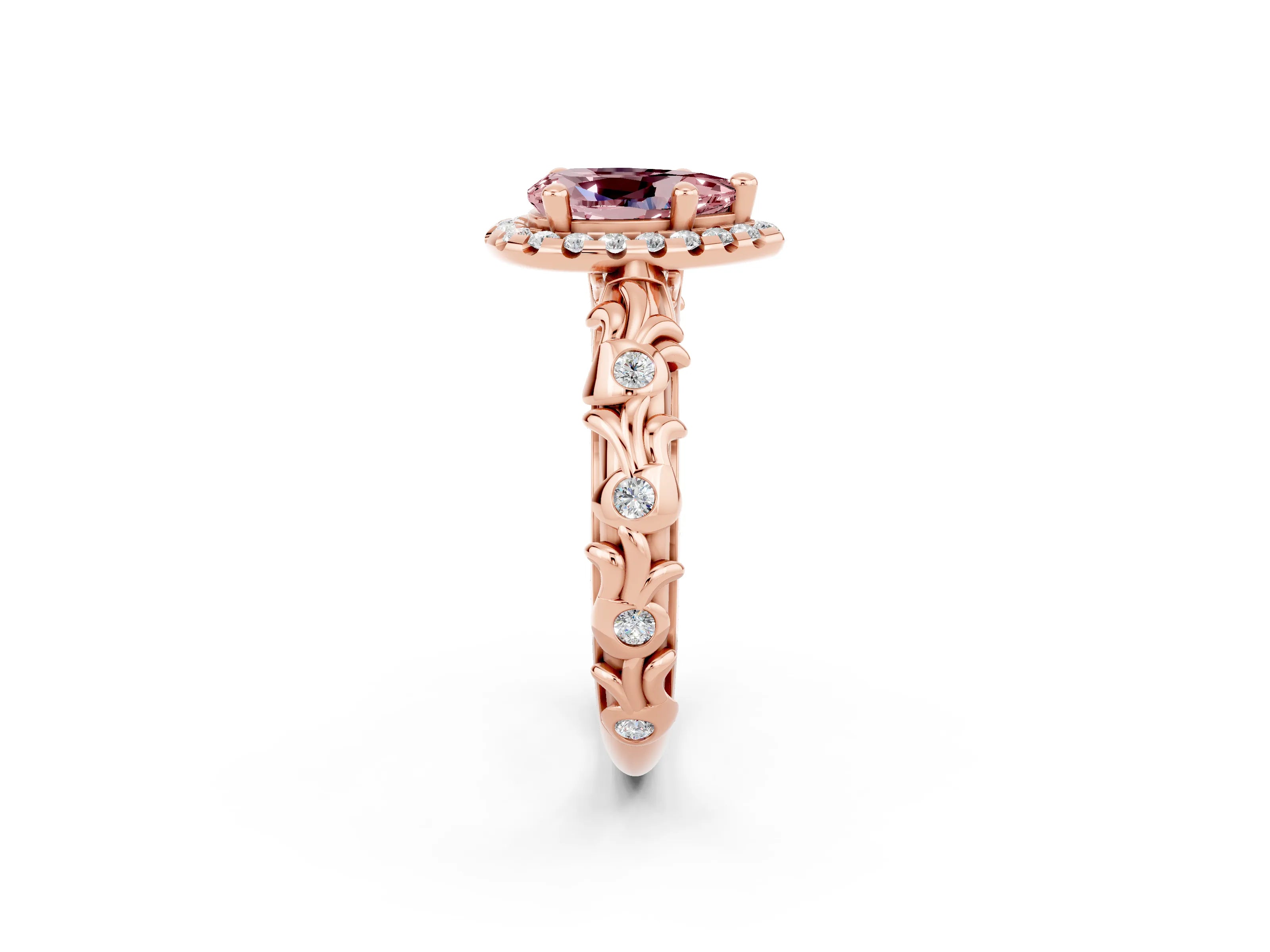 Rose gold Pear Cut Halo Diamond Solitaire with Filigree Band and Four-Prong Setting_2