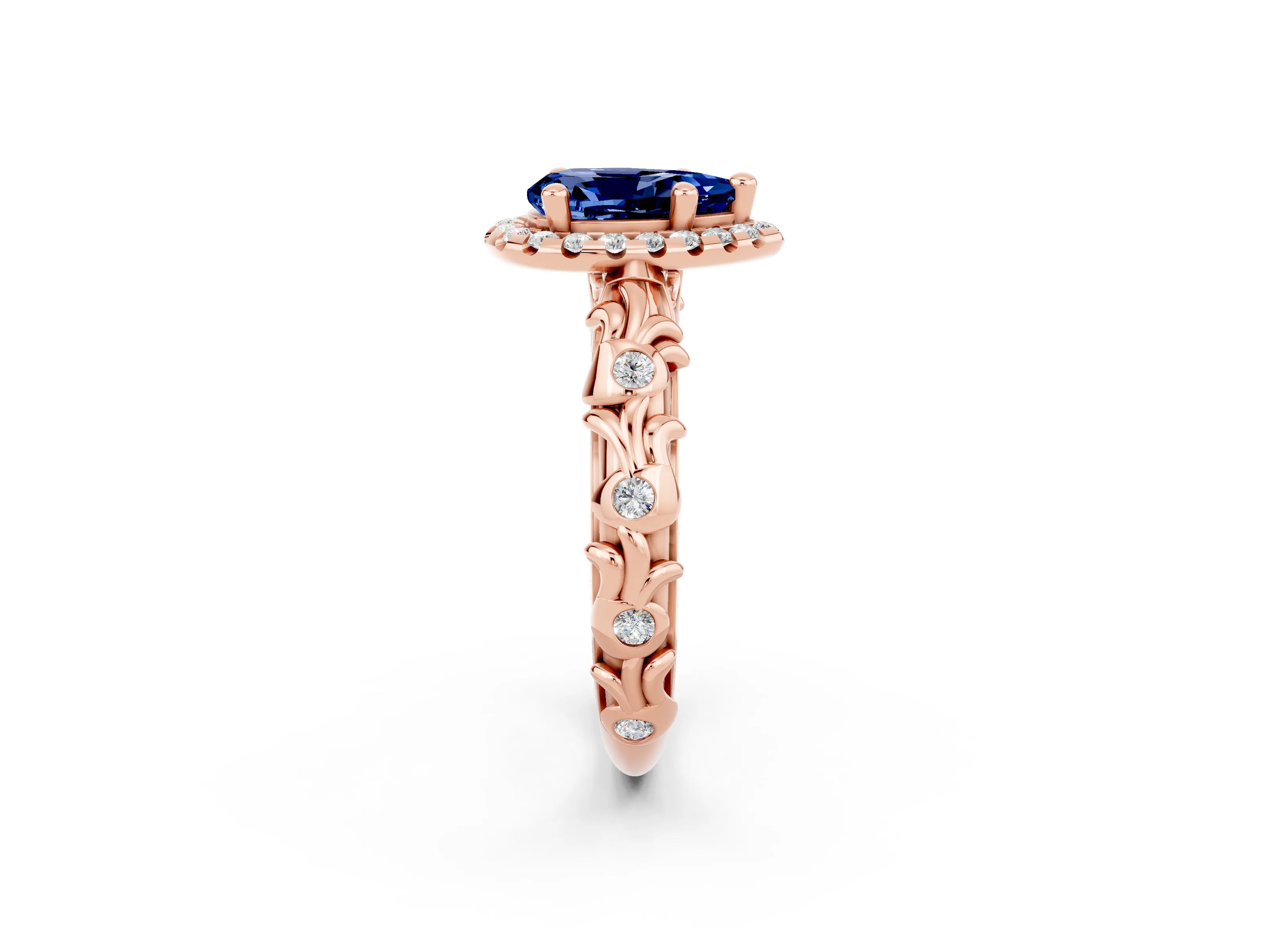 Rose gold Pear Cut Halo Diamond Solitaire with Filigree Band and Four-Prong Setting_2