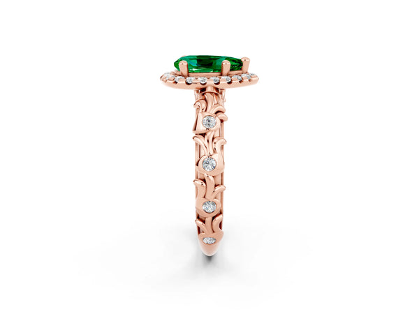 Rose gold Pear Cut Emerald Halo Ring with Filigree Band and Prong Setting