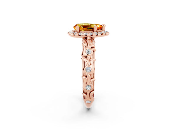Rose gold Pear Cut Citrine Halo Ring with Filigree Band and Prong Setting