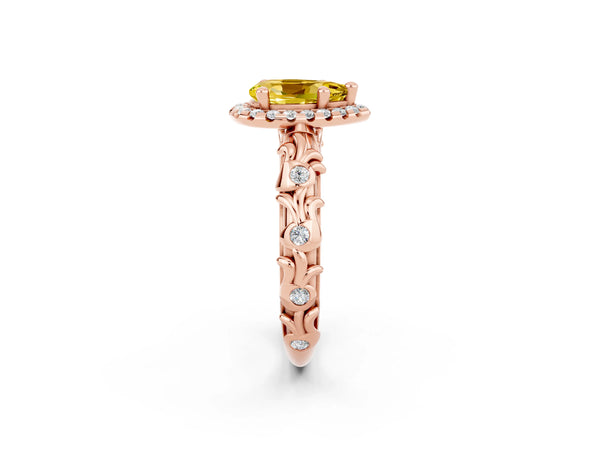 Rose gold Pear Cut Yellow Sapphire Halo Ring with Filigree Band and Prong Setting