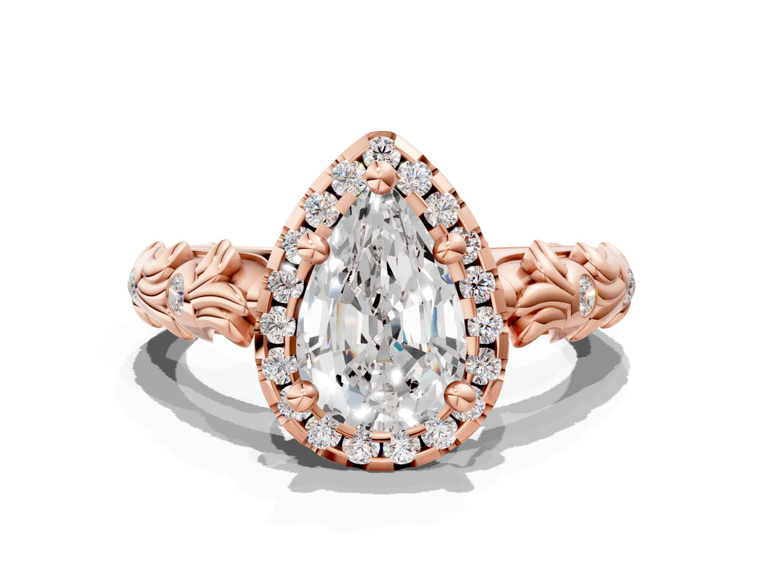 Rose gold Pear Cut Halo Diamond Solitaire with Filigree Band and Four-Prong Setting_3