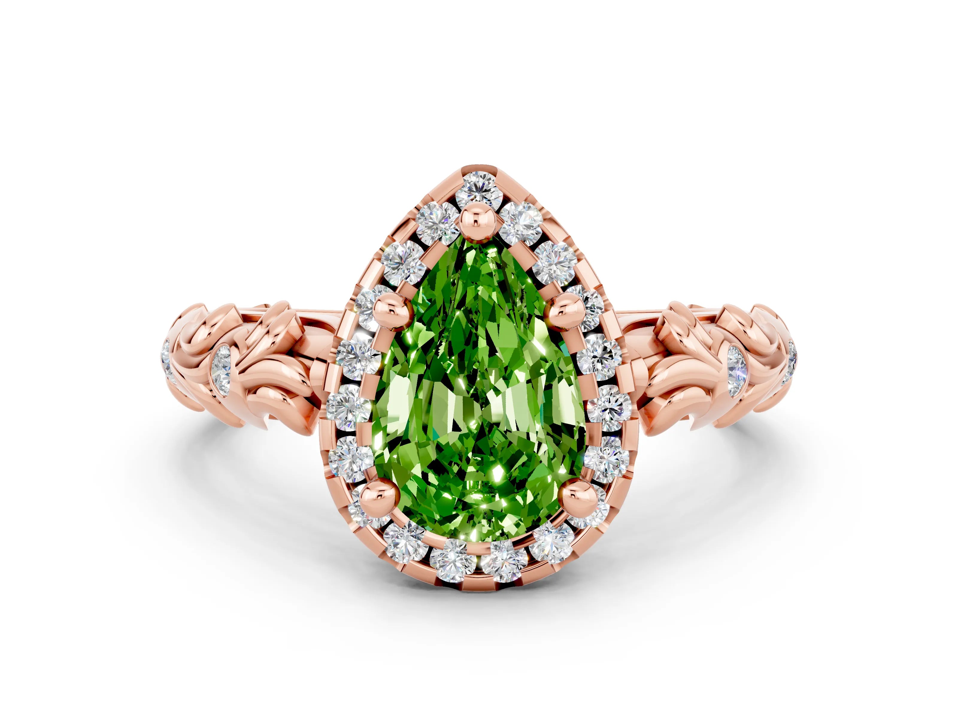 Rose gold Pear Cut Halo Diamond Solitaire with Filigree Band and Four-Prong Setting