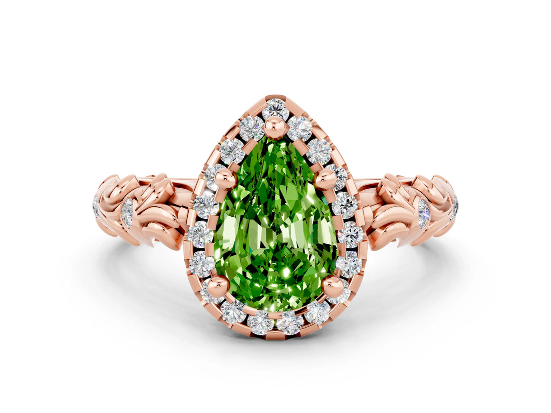Rose gold Pear Cut Halo Diamond Solitaire with Filigree Band and Four-Prong Setting