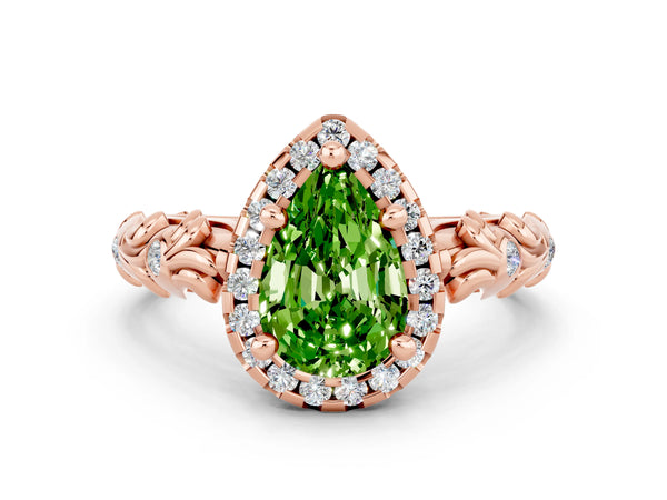 Rose gold Pear Cut Peridot Halo Ring with Filigree Band and Prong Setting