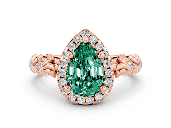 Rose gold Pear Cut Green Sapphire Halo Ring with Filigree Band and Prong Setting