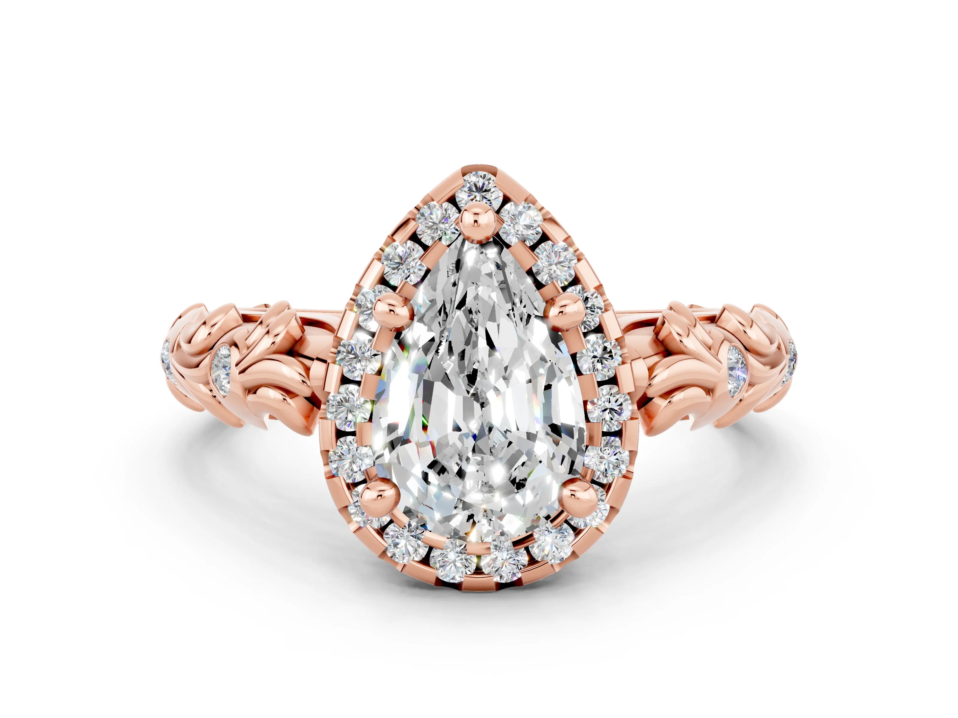 Rose gold Pear Cut Halo Diamond Solitaire with Filigree Band and Four-Prong Setting