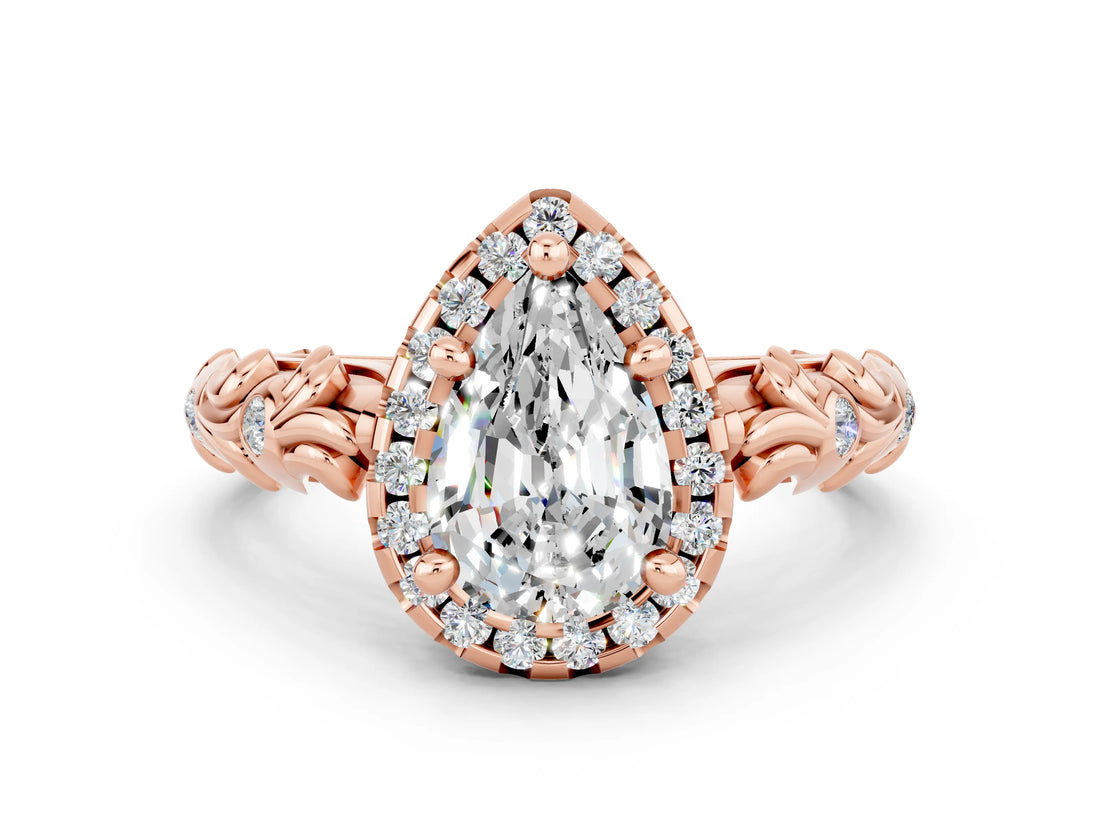 Rose gold Pear Cut Halo Diamond Solitaire with Filigree Band and Four-Prong Setting