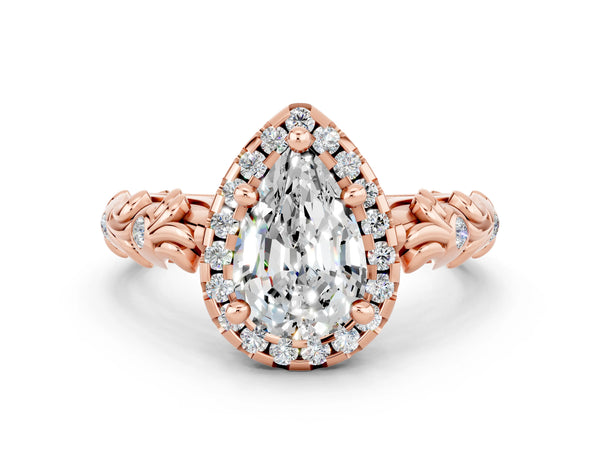 Rose gold Pear Cut Moissanite Halo Ring with Filigree Band and Prong Setting