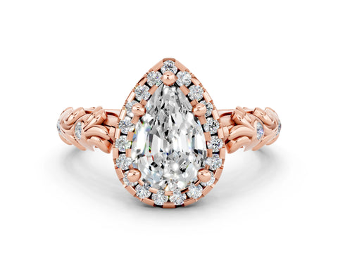 Rose gold Pear Cut Halo Diamond Solitaire with Filigree Band and Four-Prong Setting