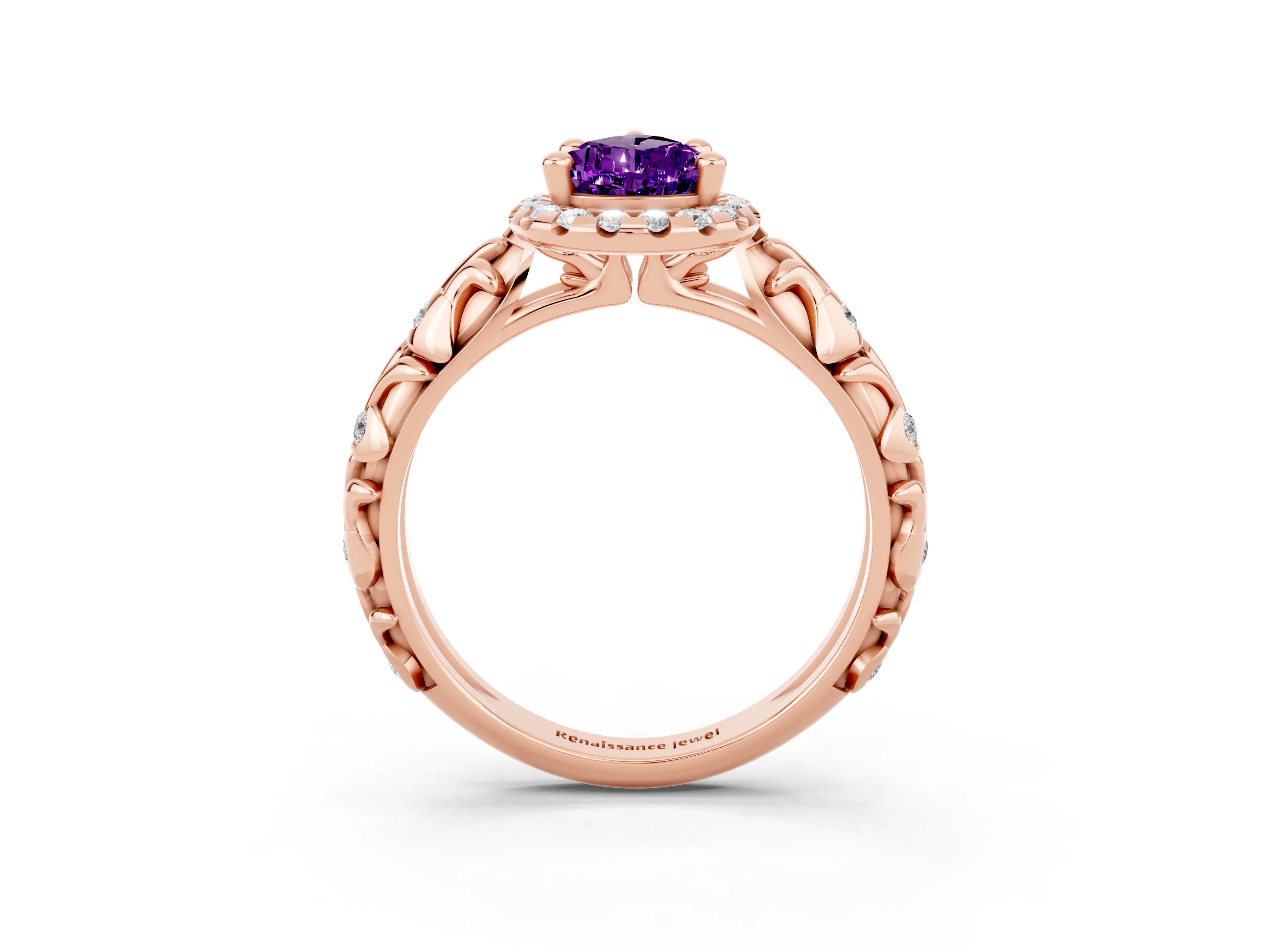 Rose gold Pear Cut Halo Diamond Solitaire with Filigree Band and Four-Prong Setting_3
