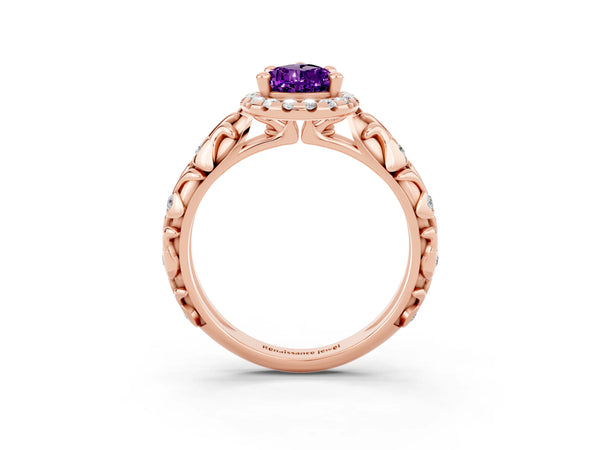 Rose gold Pear Cut Amethyst Halo Ring with Filigree Band and Prong Setting