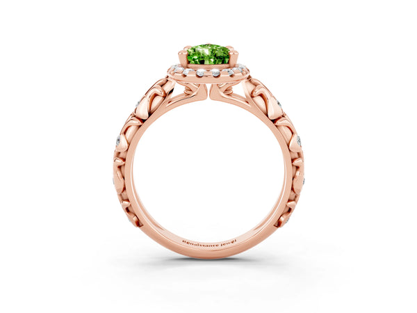 Rose gold Pear Cut Peridot Halo Ring with Filigree Band and Prong Setting