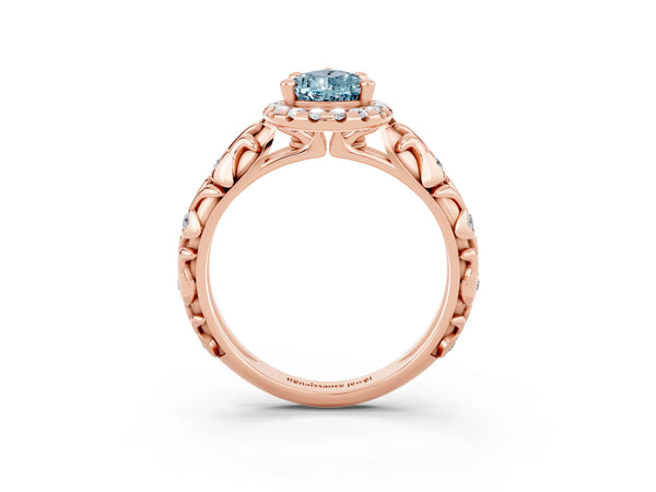 Rose gold Pear Cut Aquamarine Halo Ring with Filigree Band and Prong Setting