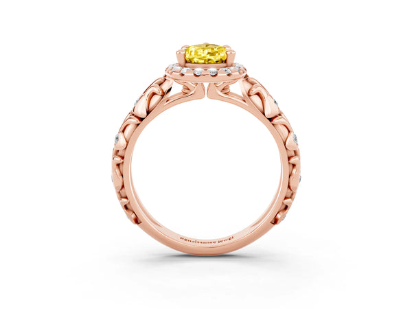 Rose gold Pear Cut Yellow Sapphire Halo Ring with Filigree Band and Prong Setting