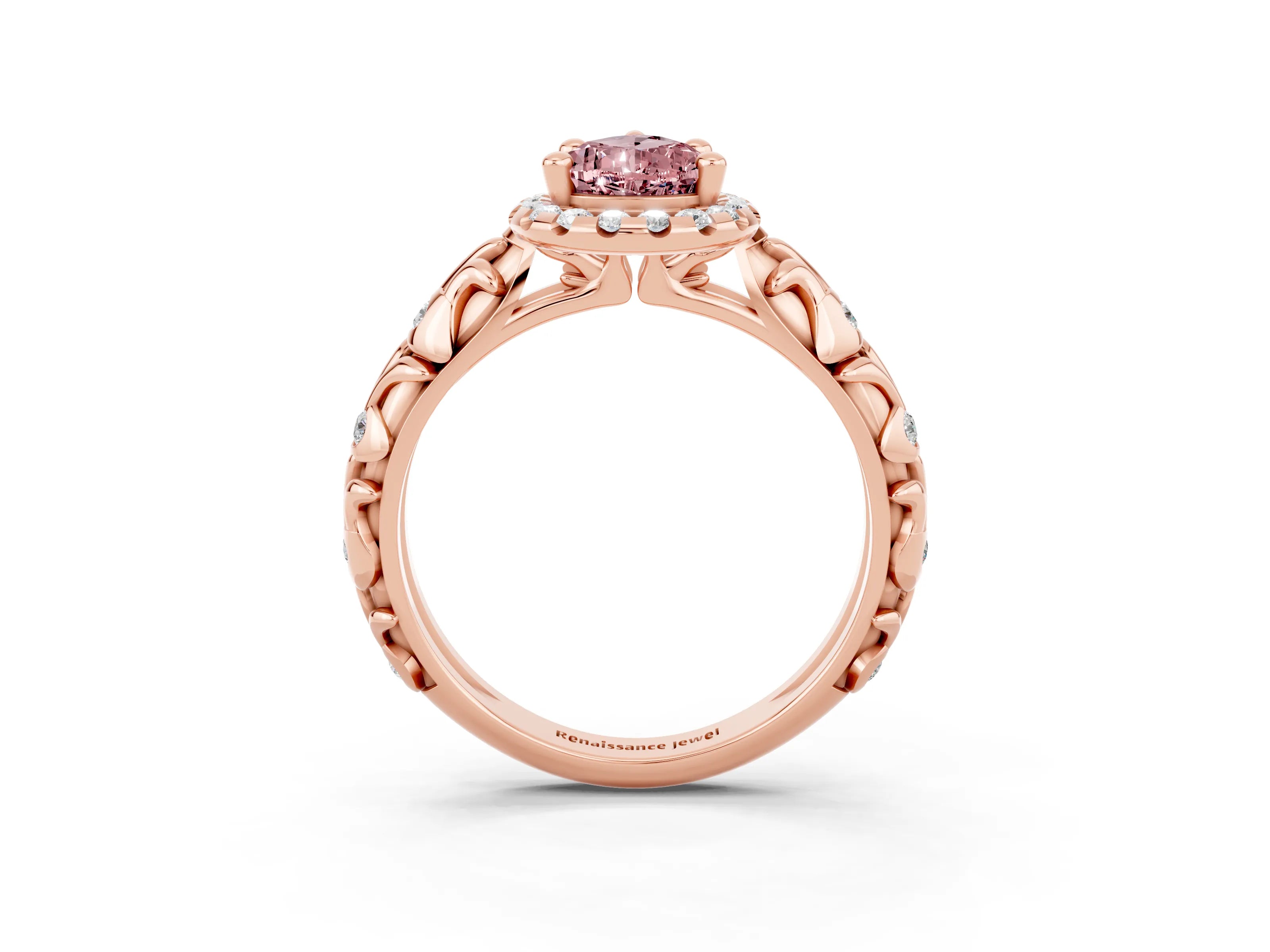 Rose gold Pear Cut Halo Diamond Solitaire with Filigree Band and Four-Prong Setting_3