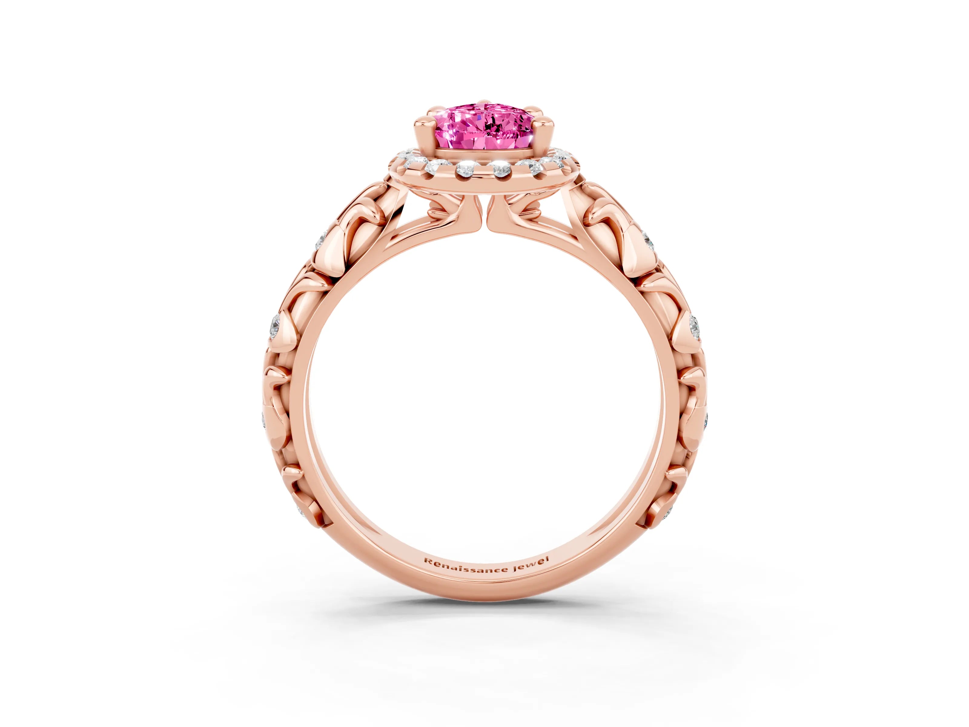Rose gold Pear Cut Halo Diamond Solitaire with Filigree Band and Four-Prong Setting_3