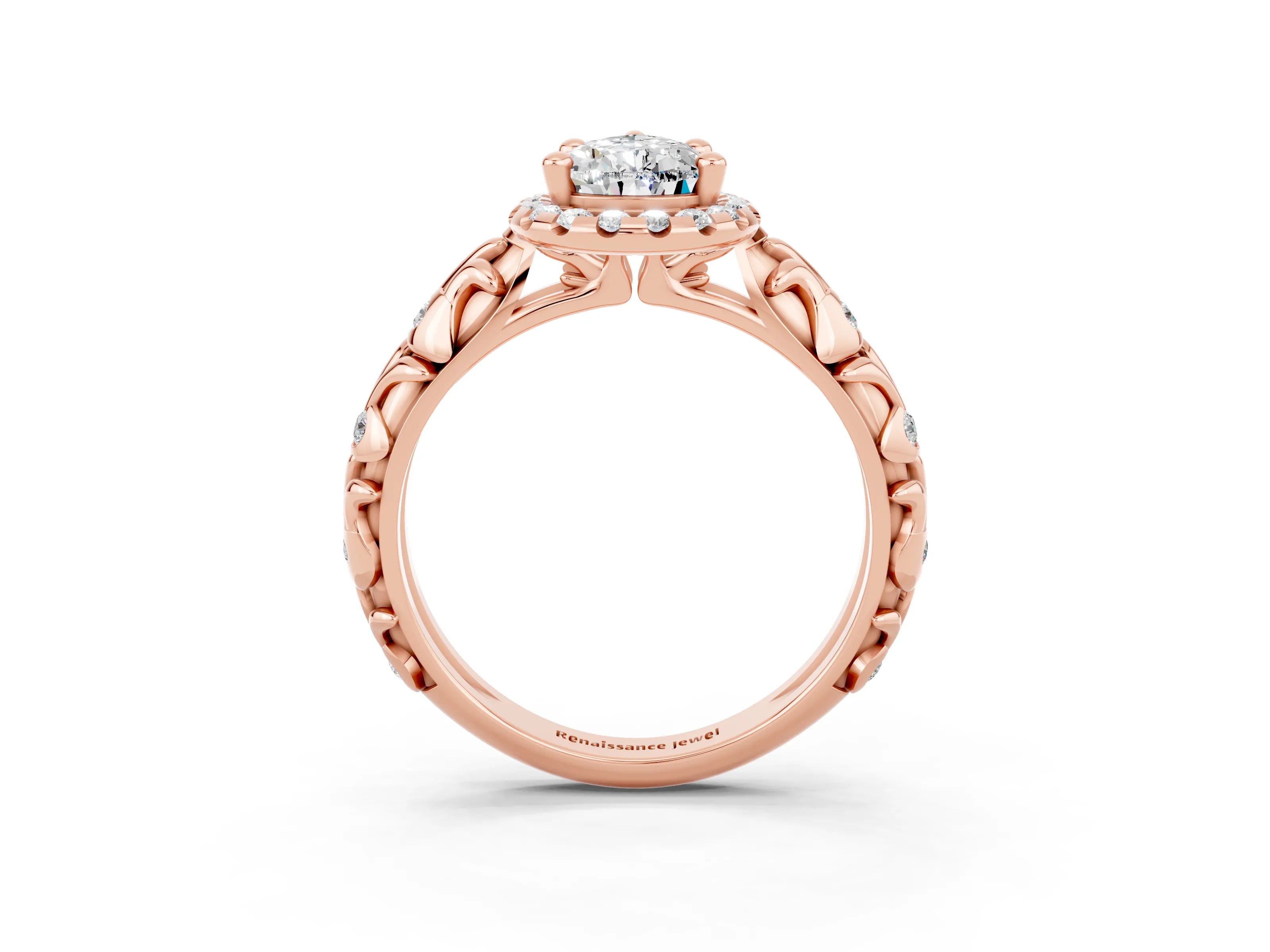 Rose gold Pear Cut Halo Diamond Solitaire with Filigree Band and Four-Prong Setting_3