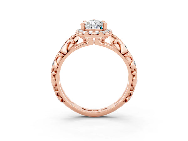 Rose gold Pear Cut Moissanite Halo Ring with Filigree Band and Prong Setting