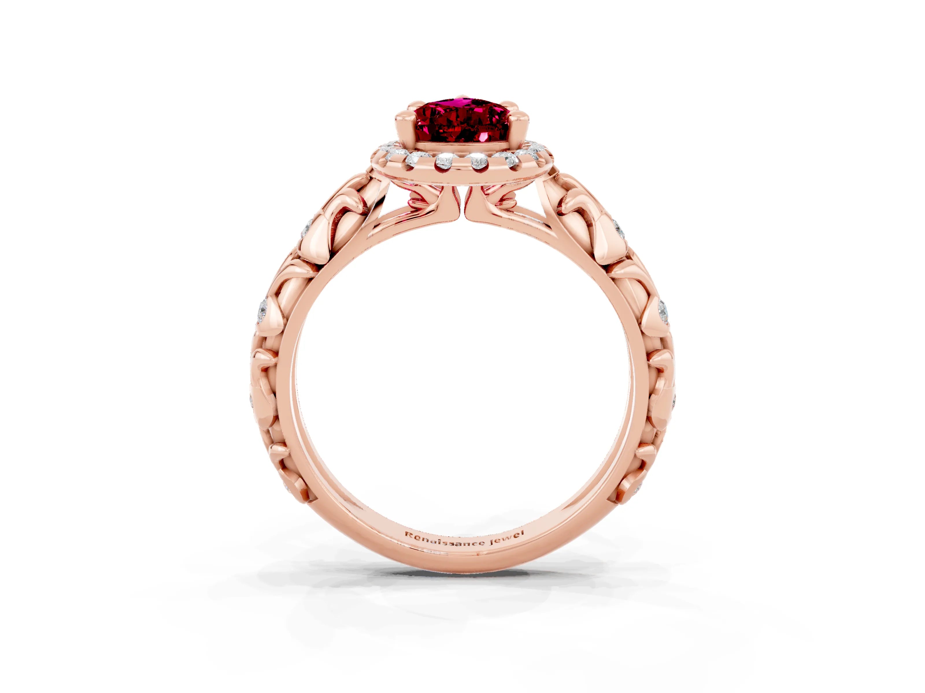 Rose gold Pear Cut Halo Diamond Solitaire with Filigree Band and Four-Prong Setting_3