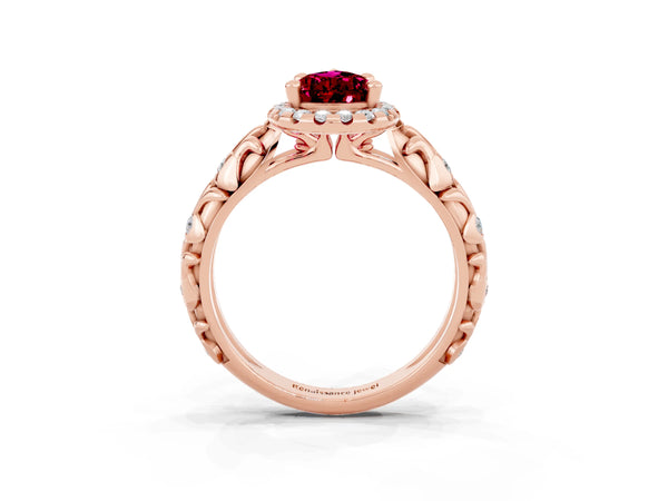 Rose gold Pear Cut Garnet Halo Ring with Filigree Band and Prong Setting