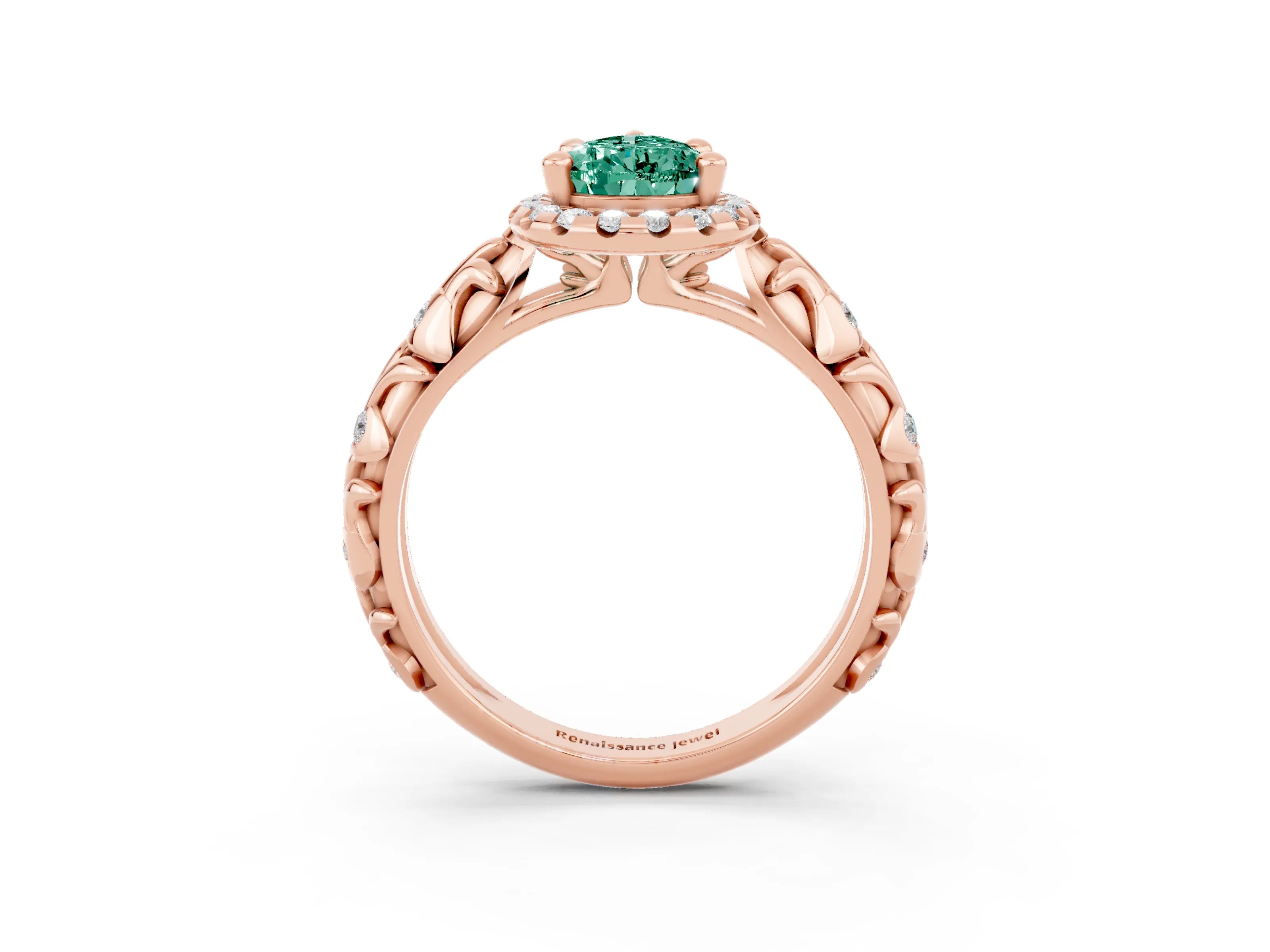 Rose gold Pear Cut Halo Diamond Solitaire with Filigree Band and Four-Prong Setting_3