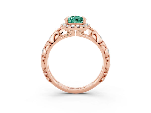 Rose gold Pear Cut Green Sapphire Halo Ring with Filigree Band and Prong Setting