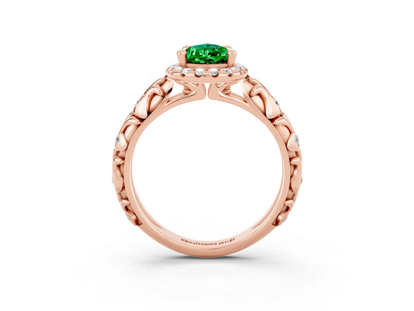 Rose gold Pear Cut Emerald Halo Ring with Filigree Band and Prong Setting