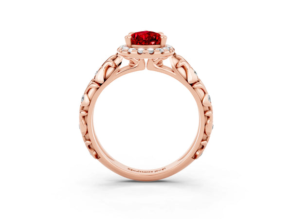 Rose gold Pear Cut Ruby Halo Ring with Filigree Band and Prong Setting