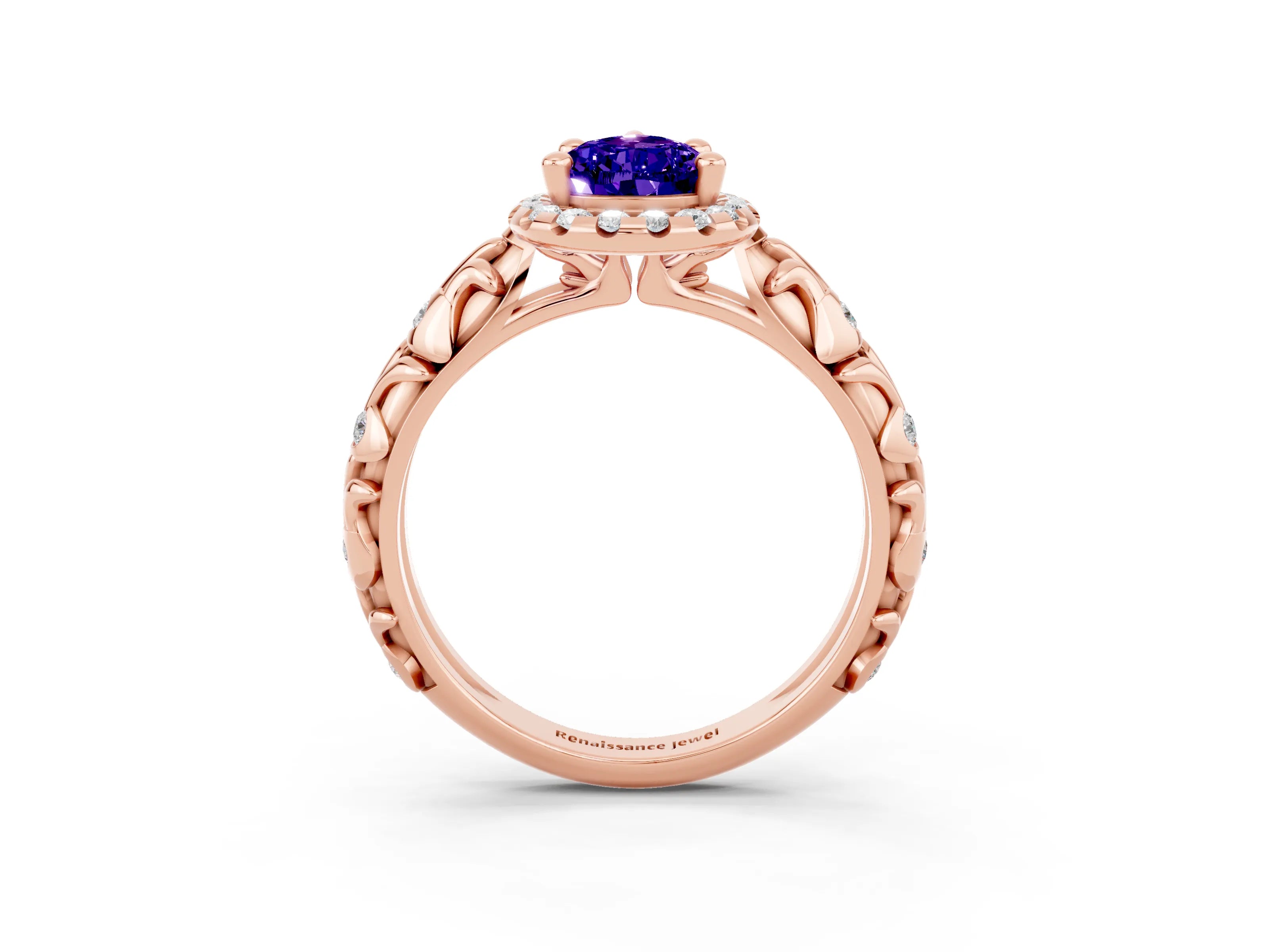 Rose gold Pear Cut Halo Diamond Solitaire with Filigree Band and Four-Prong Setting_3