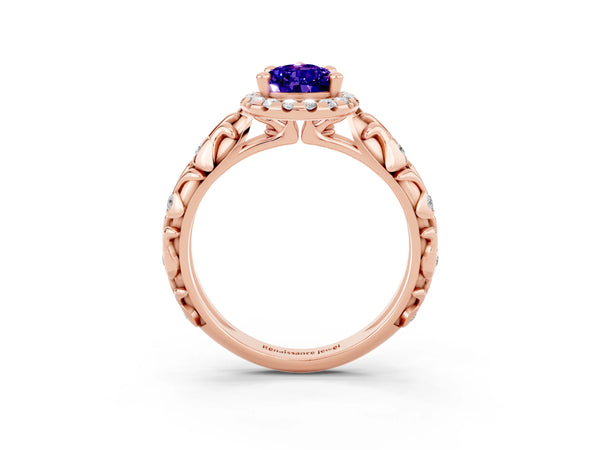 Rose gold Pear Cut Tanzanite Halo Ring with Filigree Band and Prong Setting