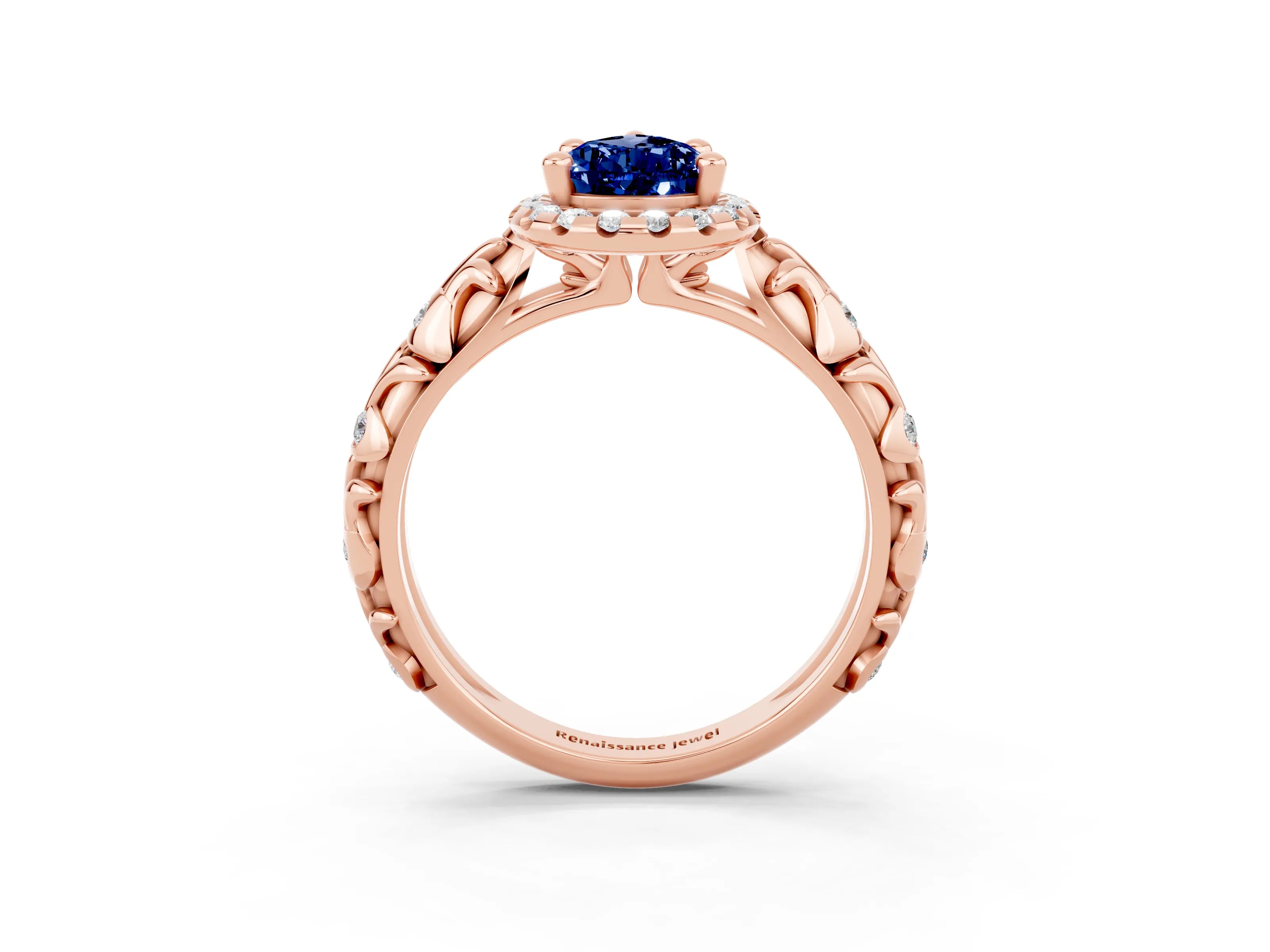Rose gold Pear Cut Halo Diamond Solitaire with Filigree Band and Four-Prong Setting_3