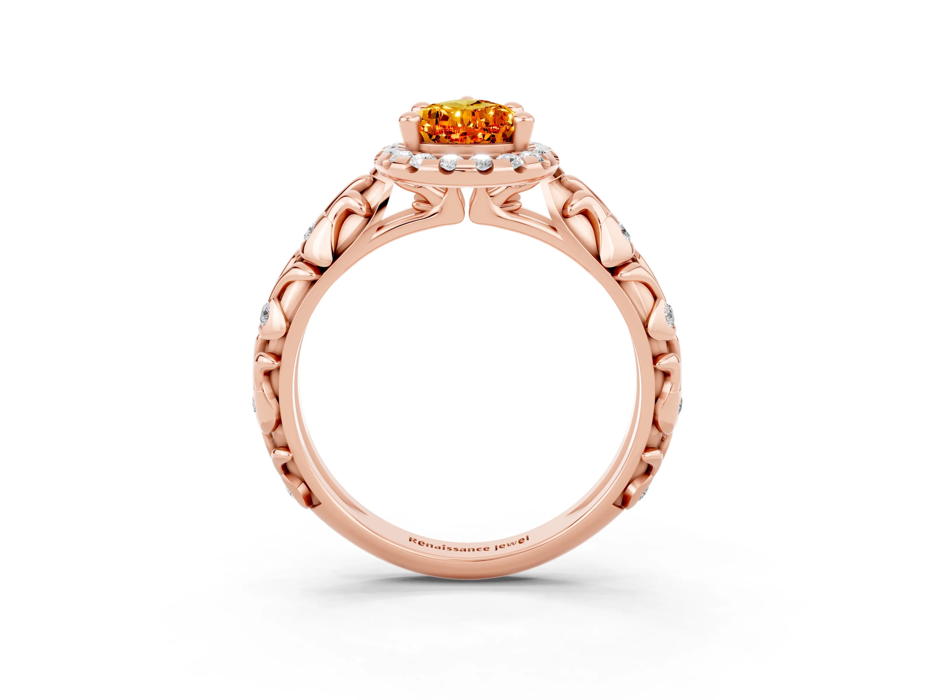 Rose gold Pear Cut Halo Diamond Solitaire with Filigree Band and Four-Prong Setting_3