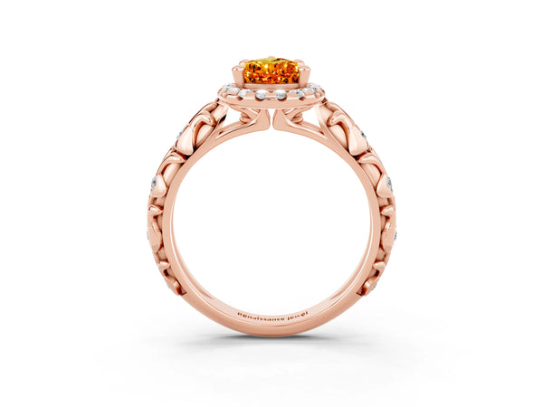 Rose gold Pear Cut Citrine Halo Ring with Filigree Band and Prong Setting