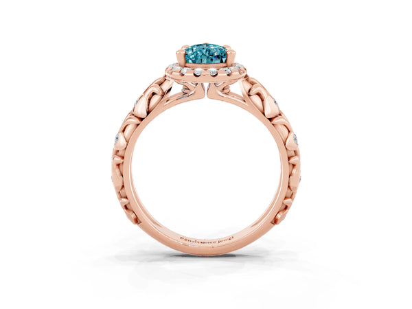 Rose gold Pear Cut Halo Diamond Solitaire with Filigree Band and Four-Prong Setting